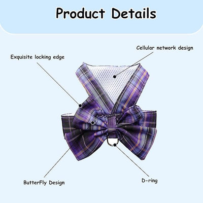 Plaid Dog Dress Bow Tie Harness Leash Set,Dog Clothes Harness Dress with Leash Ring for Small Dogs Girl, Puppy Princess Rabbit Clothes Chihuahua Yorkies Pet Outfits (Purple, XX-Large)