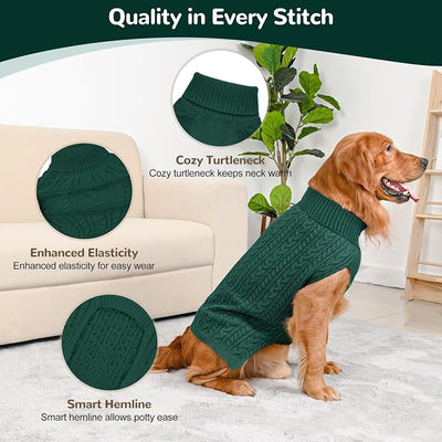 Dog Sweater 2 Pack for Large Dogs, Size XXL, Green & Brown | Stretchy cable knit turtleneck, machine washable, high belly cut, comfy winter fit for Golden Retriever, Labrador