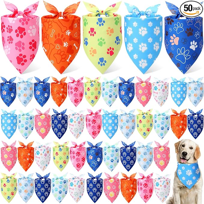 50 Pcs Paw Print Dog Bandanas Bulk for Dogs Soft Bibs Adjustable Triangle Summer Pet Bandana for Small Medium Large Costume(paw Pattern, 25.6 x 17.7 x 17.7 Inch)