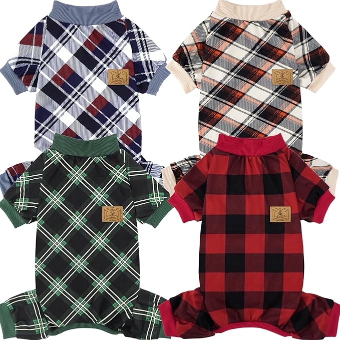 4 Pack Dog Pajamas for Large Dogs Cats Plaid Doggie Clothes Puppy Onesies Christmas Pajamas Jumpsuits Pet Pjs Shirt Apparel 4X-Large, Red Green Beige Grey