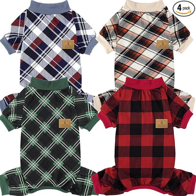 XPUDAC 4 Pack Dog Pajamas for Small Dogs Cats Plaid Doggie Clothes Puppy Onesies Christmas Pajamas Jumpsuits Pet Pjs Shirt Apparel X-Small, Red Green Khaki Grey