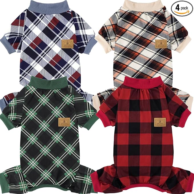 4 Pack Dog Pajamas for Small Dogs Cats Plaid Doggie Clothes Puppy Onesies Christmas Pajamas Jumpsuits Pet Pjs Shirt Apparel Small, Red Green Khaki Grey