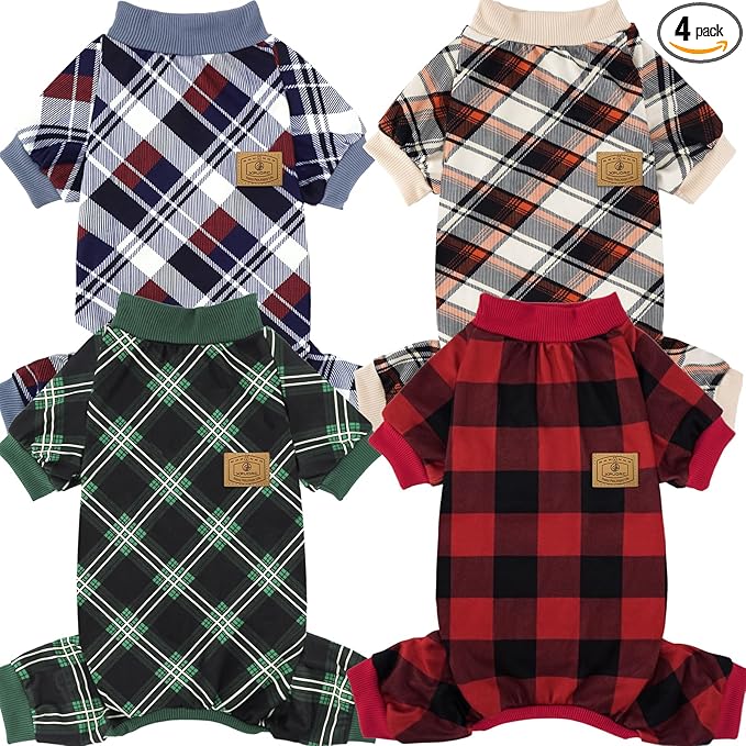 4 Pack Dog Pajamas for Small Dogs Cats Plaid Doggie Clothes Puppy Onesies Christmas Pajamas Jumpsuits Pet Pjs Shirt Apparel Medium, Red Green Beige Grey