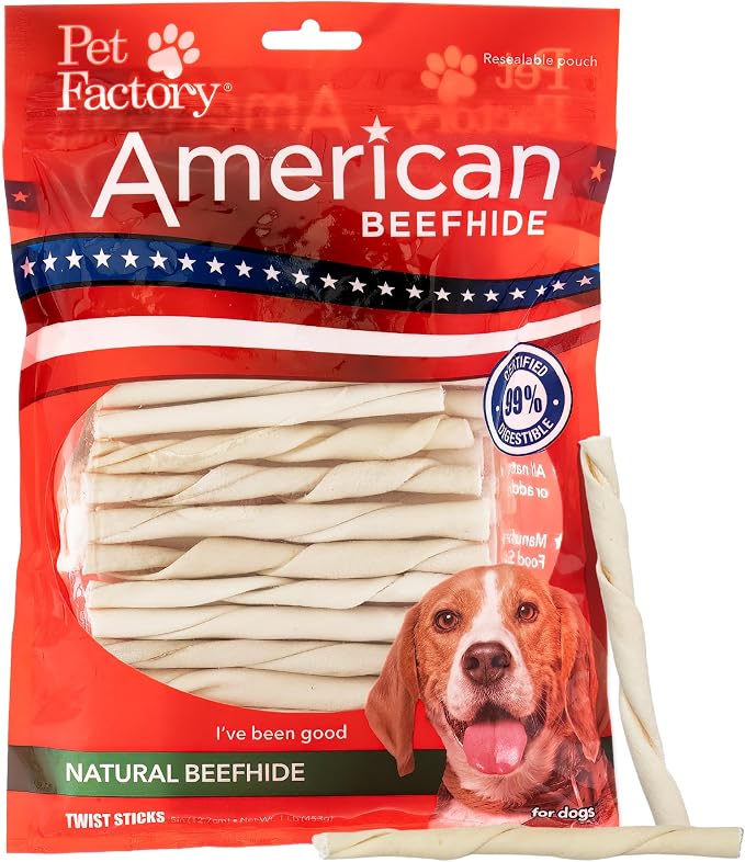 Pet Factory American Beefhide 5in Twist Sticks Dog Dental Chews - Natural Rawhide Dental Chews for Small to Medium Dogs, Promotes Oral Health - Natural, 5 Inches (1 lb Pack)