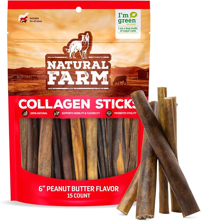 Peanut Butter Flavor Collagen Sticks for Dogs (6 Inch, 15 Pack), Long-Lasting Beef Collagen Sticks, Rawhide Alternative Chews with Chondroitin & Glucosamine, Low-Fat Dental Treats