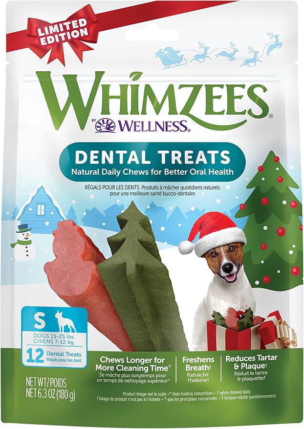 Holiday Natural Dog Dental Treat, Christmas Winter Seasonal Gift, Chews, Freshens Breath, Small Size, 6.3 oz Bag, 12 Count