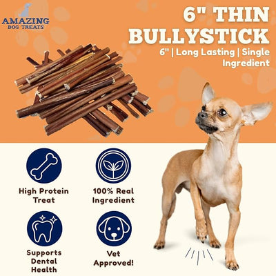 Amazing Dog Treats - Bully Sticks for Small Dogs (6 Inch Junior - 12 Count) - Premium Thin Bully Sticks for Dogs - Best Bully Stick Dog Chews - Bully Bones for Puppies and Small Breeds