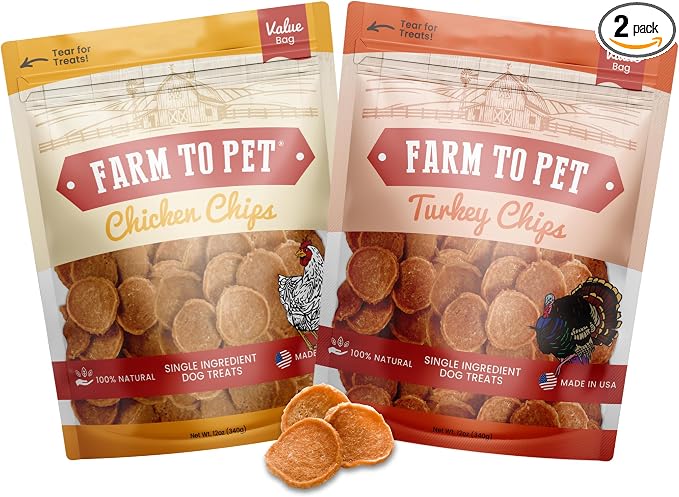 Farm To Pet - Dog Treats Chicken & Turkey Chip Protein Value Pack, 100% All Natural, Single Ingredient Training Treats, Made in USA, for Small, Medium, and Large Dogs