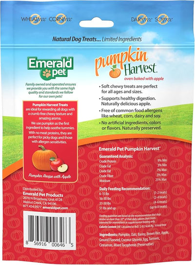 Emerald Pet Pumpkin Harvest Dog Treats, Apple Flavor, 6 oz – Soft Chewy Low-Fat Natural Dog Treats with Real Pumpkin for Digestive Health – Meat-Free, Wheat-Free, Made in USA
