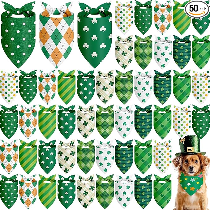 50 Pcs St Patricks Day Bandanas Bulk for Dogs Adjustable Irish Shamrocks Clover Green Plaid Triangle Soft Bibs Puppy Bandana for Small Medium Large Cat Pet Costume(31.5 x 21.7 X21.7 Inch)