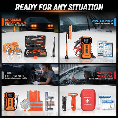 Jump Starter with Air Compressor Car Emergency Kit for Women, Men, Teen | All-in-One Car Safety Kit,First Aid Kit,Snow Brush&Ice Scraper for Winter,Car Emergency Kits for Vehicles,Road Trip Essential