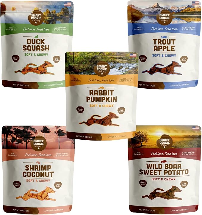 Smart Cookie Healthy Soft Dog Treats Variety Pack - Rabbit, Trout, Wild Boar, Duck & Shrimp - Grain Free Limited Ingredient Training Treats for Dogs with Sensitive Stomach & Allergies, Made in USA