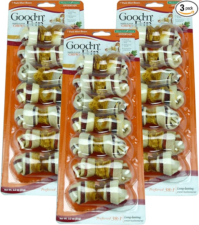 Good 'n' Fun Triple Flavor Mini Rawhide Chews, 7-Count (Pack of 3)