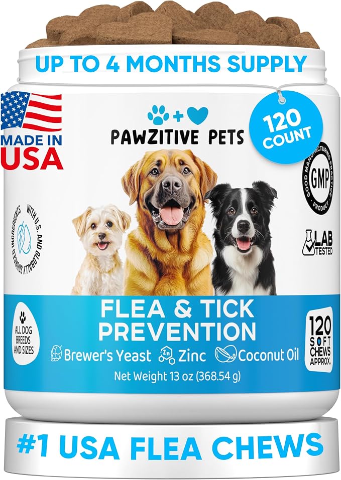 Chewable Flea and Tick Prevention for Dogs - 120 Soft Chews Made in USA - Oral Flea and Tick Control Pills for Small, Medium, Large Dogs and Puppies - Skin and Coat Supplement Treats for All Breeds