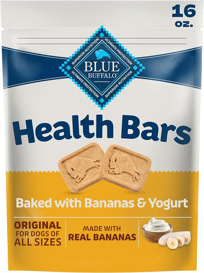 Blue Buffalo Health Bars Bananas & Yogurt Crunchy Dog Biscuits, Oven-Baked with Real Bananas & Natural Ingredients, Healthy Dog Treats with No Artificial Flavors or Preservatives, 16 oz.
