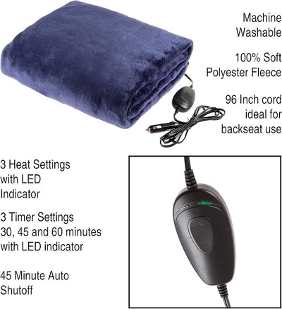 Electric Car Blanket - Outdoor Heated 12V Travel Throw with 3 Settings and Auto Shut-Off - for Road Trips, Tailgating, and Camping by Stalwart (Blue)