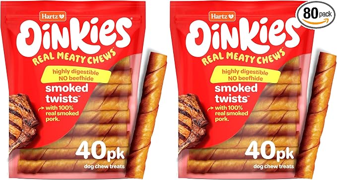 Hartz Oinkies Smoked Twists with Naturally Smoked Pork Rawhide-Free Dog Treats,Highly Digestible Long Lasting Dog Chews,(Pack of 80)
