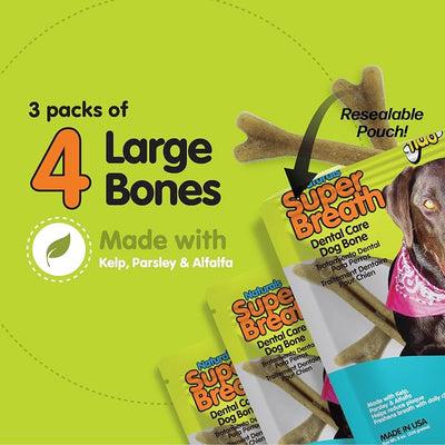 Fido Super Breath Dental Care Bones for Dogs, Large - 4 Count, Pack of 3 - Fresh Breath Dog Dental Treats for Large Dogs - Plaque & Tartar Control - Made in USA - 12 Total