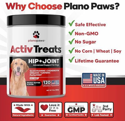 Glucosamine for Dogs Hip and Joint Supplement - Safe Joint Support for Dogs -Natural Dog Joint Supplement with Glucosamine Chondroitin MSM Turmeric for Dogs - 120 Joint Care Chews for Dogs ActivTreats