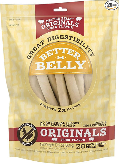 Better Belly Rolls Originals Pork Flavor Small Rolls, 20 Count, Great Digestible Rawhide