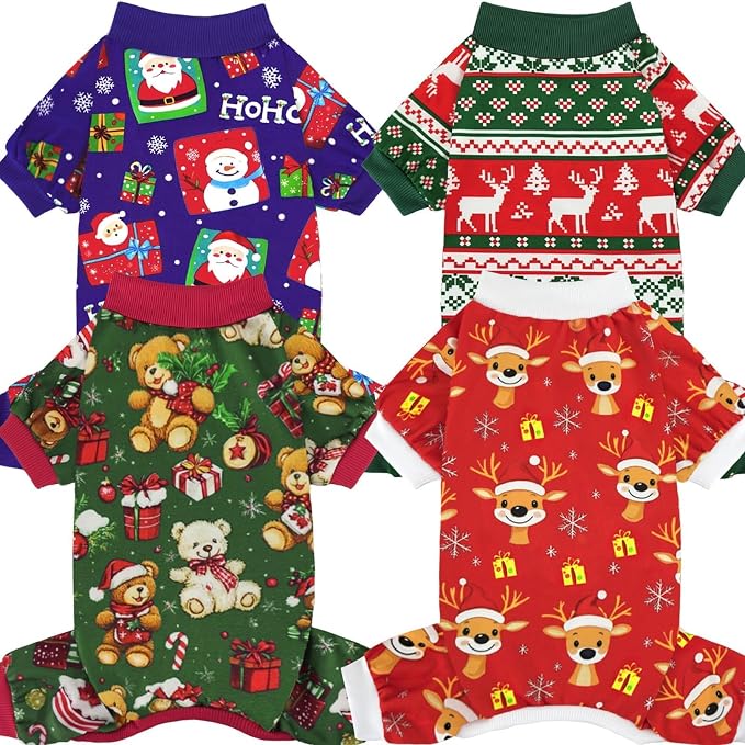 Xpudac 4 Pack Dog Christmas Pajamas Reindeer Puppy Clothes Cute Santa Claus Dog Pajamas Costumes Outfit Red Green XL