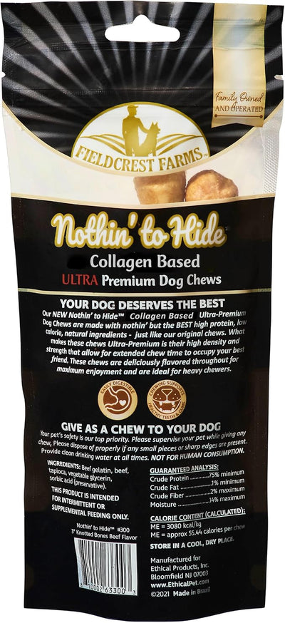 Fieldcrest Farms Nothin' to Hide 3 inch Ultra Knotted Bone Treats - Natural Rawhide Alternative Treats for Dogs, Collagen Based Snack for Heavy Chewers up to 15lbs - Beef Flavor, 12 Pack