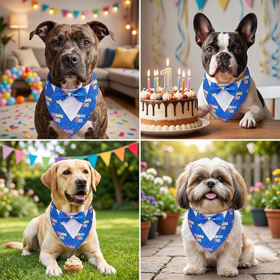 ADOGGYGO Birthday Boy Dog Tuxedo Bandana, Blue Collar with Bow Tie, Adjustable Formal Birthday Costume for Extra Small Dogs (XS)