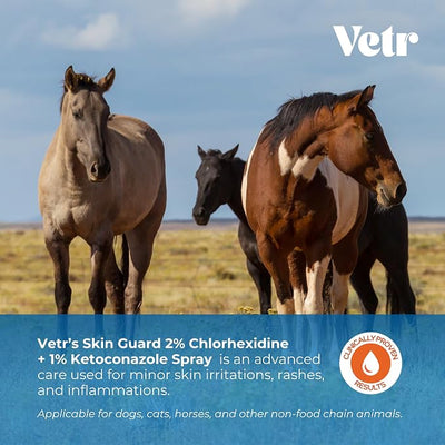vetr Skin Guard Plus Chlorhexidine Ketoconazole Spray, Dogs Cats Horses, 8oz | One 8 oz bottle, Fresh Scent, 2% / 1% dual-action formula, Soothes itchy, irritated skin, Controls odors