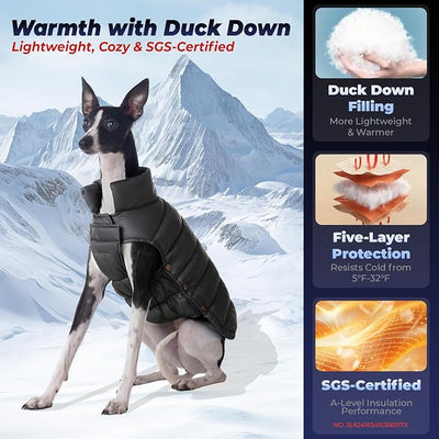 SPACE LION Dog Puffer Jacket, Down Winter Coat, Durable Outdoor Coat for Cold and Windy Conditions, Lightweight & Adjustable Fit Coats for Medium Dogs, (Black, Size14/L)