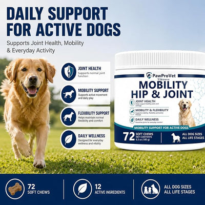 Pawprovet Mobility Hip and Joint, Daily Soft Chews with Glucosamine, Chondroitin, MSM, Green-Lipped Mussel and Boswellia, Easy Chew Routine for Adult and Senior Dogs