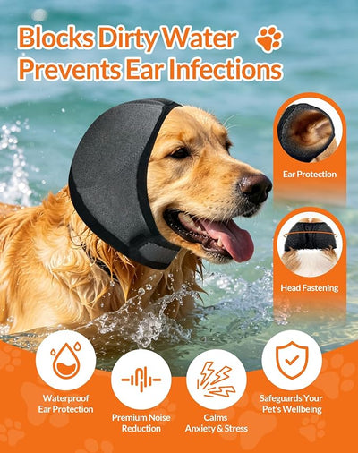 Dog Ear Muffs Noise Protection Firework Thunder, Elastic Dog Ear Wrap with Sound-Blocking Rubber Pads for Noise Cancelling Anxiety Relief, Calming Hood Dog Ear Cover for Grooming Bathing & Swimming, S