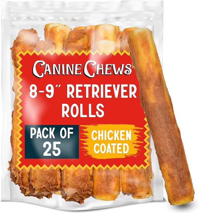 8-9" Chicken Coated Dog Rawhide Retriever Rolls (25 Pack) - Chicken Rawhide Bones for Large Dogs - 100% USA-Sourced Chicken Coated Dog Rawhide Chews - Healthy Dog Dental Chew Rawhides