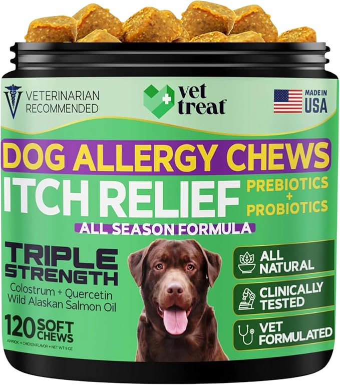 VET TREAT Dog Allergy Relief Chews - 120 Dog Allergy Chews - Itch Relief for Dogs - Anti Itch for Dogs - Dry & Itchy Skin - Allergies & Immune Support Supplement, Omega 3 Fish Oil, Probiotics - USA