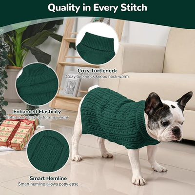 Dog Sweater 2 Pack for Medium Dogs, Size L, Green & Brown | Stretchy cable knit turtleneck, machine washable, high belly cut, comfy winter fit for French Bulldog, Corgi