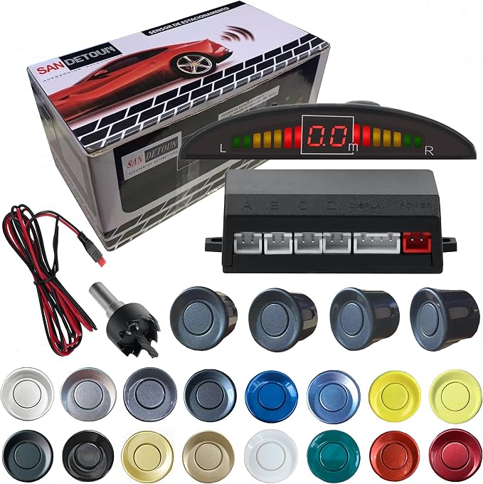 Car Reverse Backup Parking Sensor Radar System kit The LED Display with 3 Colors can Both Shows Distance Data and warn You with beep Sound Adjustable Volume Compact and Easy to Install