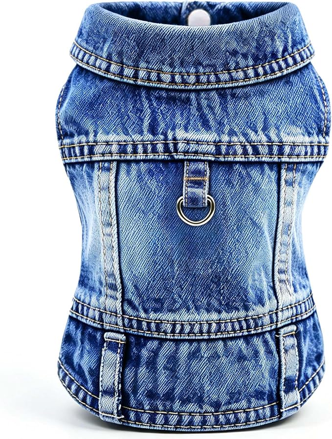 Dog Jean Jacket, Blue Denim Shirt Classic Lapel Vest Coat Costume Puppy T-Shirt, Comfort Tank Top Cool Apparel, Washed Pet Clothes for Dogs Boy Girl (with D-Ring, X-Large)