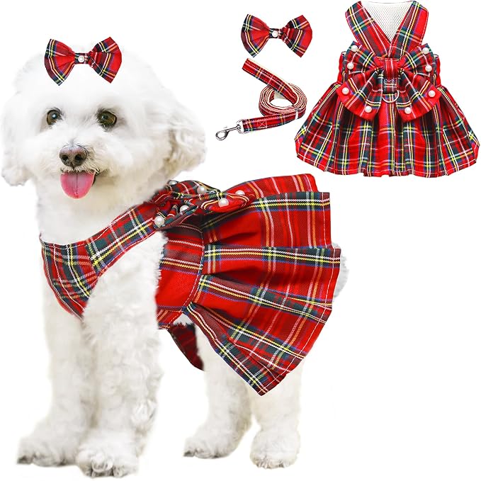 Dog Dress Bowknot Harness Leash Set for Small Dogs Girl Cute Plaid Dog Dress Pearls Bow Tie Spring Summer Princess Clothes Birthday Holiday Doggie Outfits for Puppy Cats Girl Apparel (Red, X-Large)