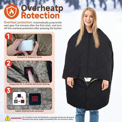 Heated Blanket Outdoors, Battery Operated Heated Throw with 10000mAh Power Bank, Cordless Wearable Electric Blanket & Shawl, 6-Zone Fast Heating for Camping, Hiking, Stadium Events & Travel