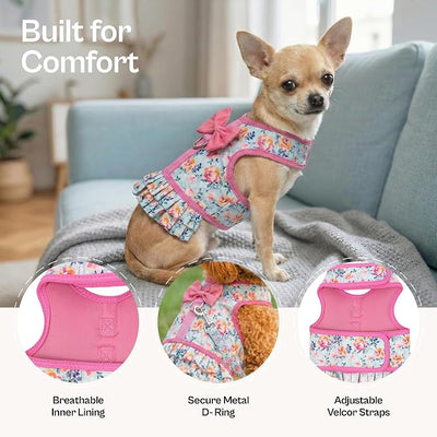 Parisian Pet Floral Dog Harness Dress - Breathable No Pull Puppy Dress with Pink Bow and Leash Ring - 100% Mesh Fabric Harnesses for Dogs - Soft Padded Step in Pet Vest - Dog Harness for Large Dogs