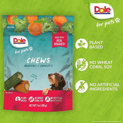 Dole for Pets Dog Chews Broccoli and Carrot Vegetable Flavored Treats No Artificial Colors Flavors Preservatives No Wheat Corn Soy Plant Based 7.05 OZ 6 Pack for Everyday Rewarding and Training Use