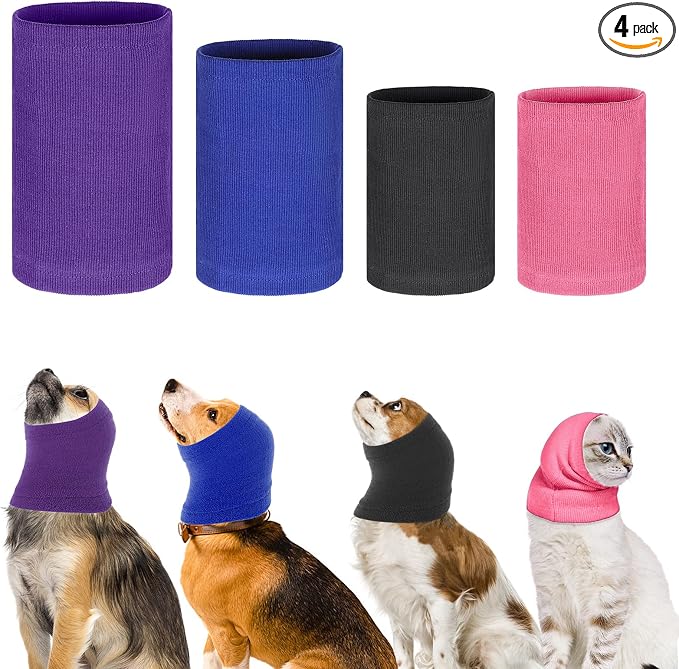 CIATBYYJ 4 Pcs 3 Size Dog Ear Muffs, Stretchy Hoodie for Dog, Non-Noise Dogs Ear Muffs, Cute Dogs Ears Covers for Neck Warmer Bath Grooming Drying Noise Protection(Small/Medium/Large)