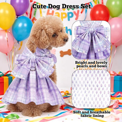 Dog Plaid Dress Harness and Leash Set with Pearls Bow Adjustable Puppy Dress Mesh Vest Bow Knot Pet Clothes for Cute Small Girl Dog Cat (Purple&White, Small)