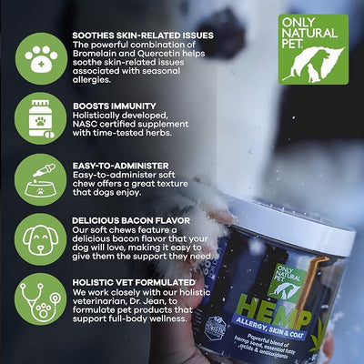 Only Natural Pet Allergy, Skin & Coat Hemp Soft Chews - Allergy Immune Bites for Dogs, Omega 3 Supplement, Calming Treats for Itchy Skin Relief, Hot Spot - (120 Count) (Al.)