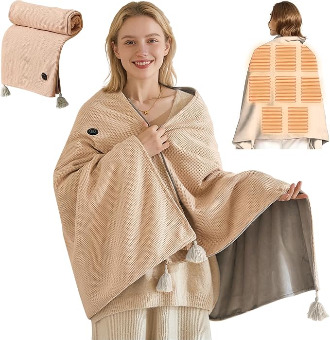 USB Portable Heated Electric Blanket - Cordless Heated Throw Blanket for Outdoor with 3 Heating Levels-Wearable Shawl for Travel,Camping,Bed-Winter Gifts for Women(Battery Not Included) (Milky White)