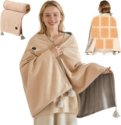 USB Portable Heated Electric Blanket - Cordless Heated Throw Blanket for Outdoor with 3 Heating Levels-Wearable Shawl for Travel,Camping,Bed-Winter Gifts for Women(Battery Not Included) (Milky White)