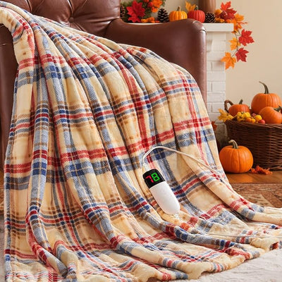 OCTROT Brown Heated Blanket Electric Throw, 50X60 Heating Blanket with 10 Heating Levels & 8 Hours Auto Off, Plaid Sherpa Blanket Warmer for Adults, Gifts for Mom, Farmhouse Home Decor for Couch