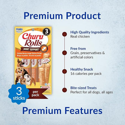INABA Churu Rolls Joint Support for Dog, Functional Lickable Dog Treat with Taurine & Green Tea Extract, 1.26oz Each, 18 Tubes Total, Chicken with Salmon Recipe