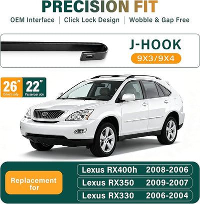 Windshield Wiper Blades Replacement for Lexus RX400h 2006-2008 RX350 2007-2009 RX330 2004-2006,Original Equipment Replacement Front Rear Wiper Blade Set - 26" 22" 14" (Set of 3)