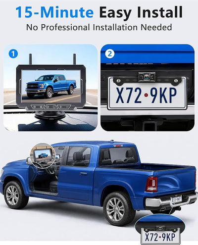 1080P HD 7-Inch Wireless Backup Camera: 15-Min Easy Install Plug & Play - Continuous Loop Recording with One-Button Playback Rear View Camera for Truck Pickup Car SUV Parking Safety Towing Assistance