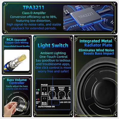 1600W Slim Underseat Subwoofer with Built-in Amp 10 Inch Sub | RGB Ambient Lighting, LPF/Gain/Bass Boost Controls, Individual Controls, Distortion-Free Deep Bass | Universal Fit for All Car